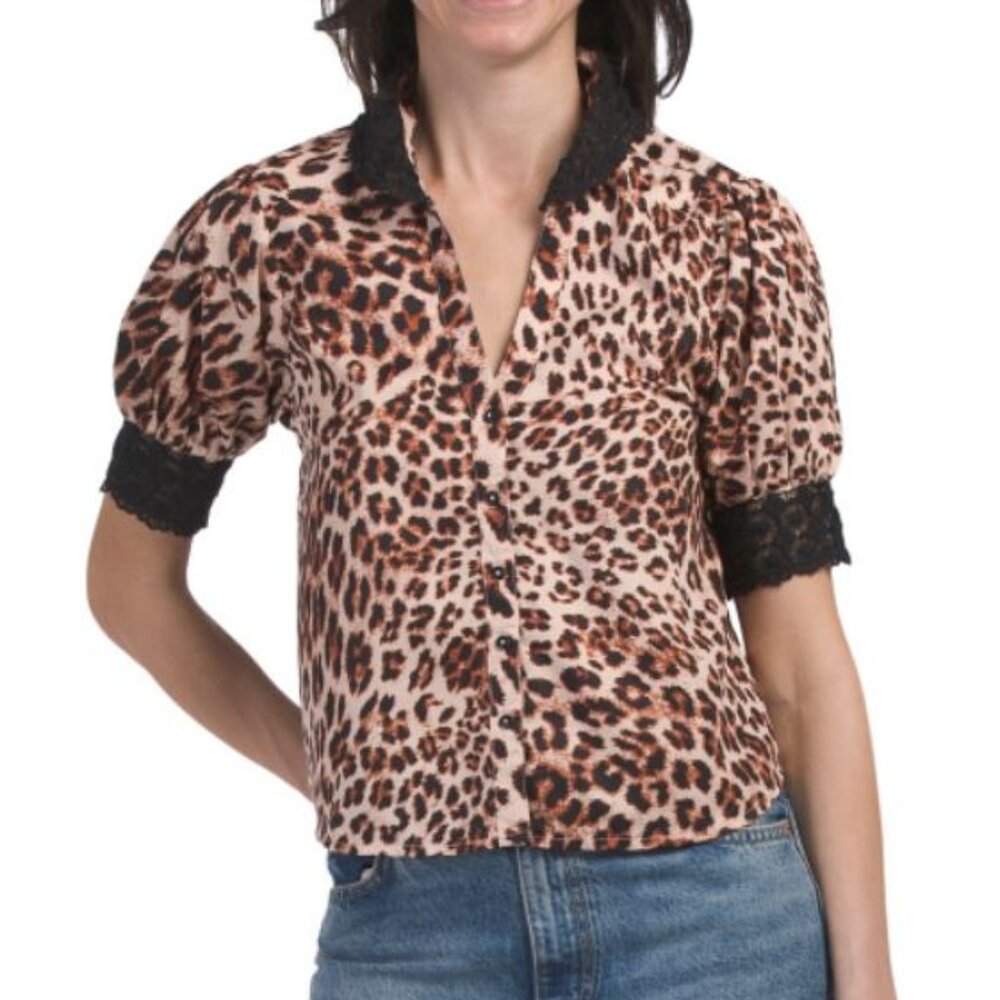 NWT Us Together Leopard Animal Print Short Sleeve Blouse with Black Lace Size M